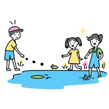 A group of three children is playing joyfully by the edge of a vibrant pond. One child, a boy wearing a red cap and blue shorts, is skipping stones across the water's surface. Another child, a girl with pigtails in a yellow dress, is crouched down, examining a small frog resting on a lily pad. The third child, a girl in a green t-shirt and denim overalls, is splashing her feet in the shallow water, creating ripples. Surrounding the pond are tall grasses and colorful wildflowers, adding to the lively atmosphere.