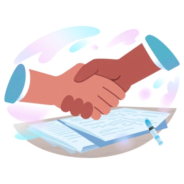 Two hands are reaching towards each other in a handshake over a wooden table. The table is covered with several contract papers that are neatly arranged, showcasing text and signatures. A shiny pen is positioned next to the papers, reflecting light. The scene conveys a sense of agreement and professionalism.