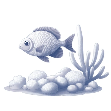 A tropical fish with intricate patterns and fins gliding gracefully through water. It swims amidst various types of coral formations, each with distinct shapes and textures. The coral has intricate branching structures, providing a natural habitat for the fish. The water is crystal clear, revealing the gentle movement of the fish and the coral environment around it.