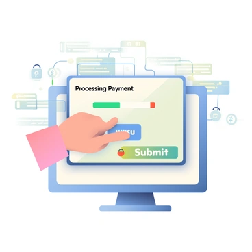 An illustration of a secure payment gateway processing an online transaction features a sleek, modern digital interface on a computer screen. The screen displays a progress bar with the text "Processing Payment," along with icons representing a credit card and a lock symbol, indicating security. Below the screen, a hand is interacting with a touchscreen, tapping on a "Submit" button. In the background, abstract representations of data flow, such as lines of code and digital currency symbols, are visible, illustrating the flow of information during the transaction. A soft glow surrounds the interface, emphasizing the notion of security and technology.