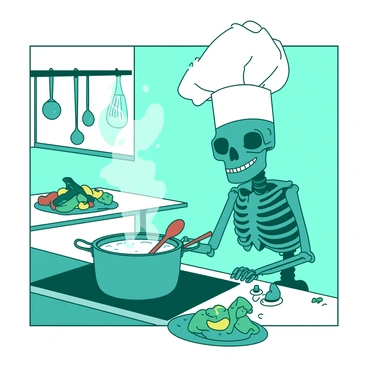 A teal skeleton wearing a large white chef's hat is standing in front of a bubbling pot of soup on the stove. The kitchen is filled with various utensils hanging on the wall and fresh vegetables laid out on the counter. The skeleton is stirring the soup with a wooden spoon, and there is a bright smile on its skull. Steam rises from the pot, adding a sense of warmth to the scene. A small window lets in light, illuminating the cheerful atmosphere of the kitchen.