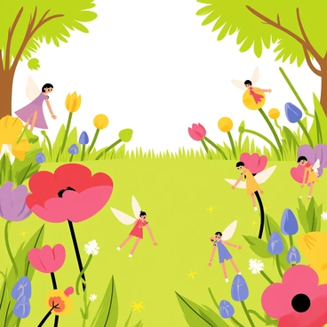 A whimsical garden filled with various colorful flowers in full bloom. The flowers include large red poppies, bright yellow daisies, and deep bluebells scattered throughout the lush green grass. Tiny fairies with delicate, translucent wings hover among the vibrant blossoms. Each fairy wears a different outfit made of petals and leaves, showcasing a range of bright colors. Sunlight filters through the branches of nearby trees, casting playful shadows on the ground. The scene captures a sense of enchantment and liveliness in this magical garden.