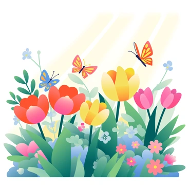 A vibrant spring garden is filled with an array of blooming flowers, prominently featuring clusters of colorful tulips in hues of red, yellow, and pink. The garden is brimming with greenery, showcasing lush green leaves and various flowering plants. Butterflies with intricate patterns in shades of blue, orange, and yellow are fluttering among the flowers, adding to the lively atmosphere of the scene. Soft sunlight filters through the leaves, illuminating the blossoms and creating a warm, inviting ambiance in the garden.