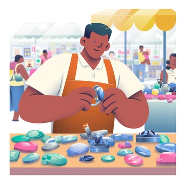 A gemstone trader inspecting a sapphire with a loupe at a bustling market