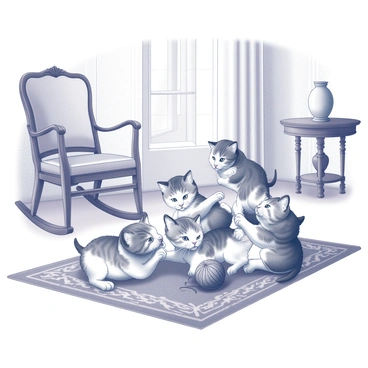A group of playful kittens is engaged in a lively scene. Several kittens with different coat patterns, including spots and stripes, are rolling around on a patterned rug. They are interacting with a ball of yarn, with some kittens pawing at it while others are playfully tumbling over one another. In the background, there is a vintage room with ornate furniture, including a wooden rocking chair and a small side table adorned with an old vase. The walls display intricate wallpaper detailing, and soft light filters through a window, illuminating the playful chaos.
