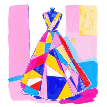 A dress designed to resemble a modern art piece features various geometric shapes and vivid colors. The fabric is adorned with overlapping triangles, squares, and rectangles in bright yellows, blues, and reds. The cut of the dress is asymmetrical, with one side longer and draping elegantly. It has a structured bodice accentuated with angular patterns that echo cubist influences. The skirt flares out with intricate folds, creating a dynamic silhouette. The neckline is unique, incorporating sharp lines and curves, contributing to the overall artistic theme.