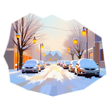 A quiet street scene after a fresh snowfall, where the ground is blanketed in soft, white snow. Several cars are parked along the sides of the street, their roofs and hoods completely covered with a thick layer of snow. Nearby, antique lampposts are dusted with snowflakes, casting a gentle glow as evening approaches. The trees lining the street have snow-covered branches, adding to the tranquil winter atmosphere. In the distance, a small row of houses peeks through the snowy landscape, their rooftops also enveloped in white.
