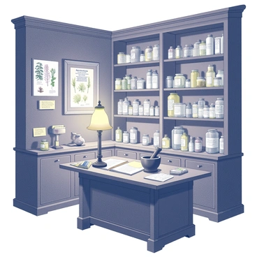 An old apothecary interior with wooden shelves lined with glass jars and bottles containing various herbal remedies and medicines. In the center, a large wooden workbench is cluttered with tools, such as mortar and pestle, scales, and parchment with handwritten notes. A framed vintage illustration depicting a historical rabies treatment hangs on the wall. The scene includes an open book displaying diagrams of medicinal plants. The warm light of an oil lamp casts shadows across the room, illuminating the intricate details of the apothecary's supplies.