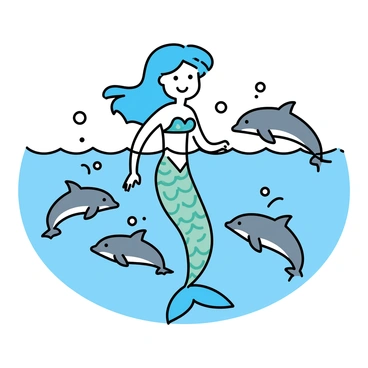 A cheerful mermaid with long, flowing hair in shades of aquamarine is swimming in clear blue ocean water. She has a shimmering tail that reflects sunlight, with scales in varying hues of green and blue. Surrounding her are a group of three friendly dolphins. One dolphin is leaping out of the water, while another swims alongside the mermaid, and the third dolphin playfully nudges her. Bubbles are rising around them, and small fish can be seen darting in the background.