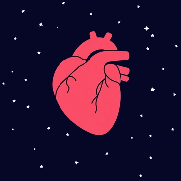 A human heart with detailed anatomical features is floating in the vastness of outer space. The heart is depicted in vibrant red, showcasing its veins and arteries. Surrounding the heart is a backdrop of deep black space filled with distant stars that twinkle like tiny diamonds. The scene emphasizes the isolation of the heart, drifting freely in the infinite cosmos.