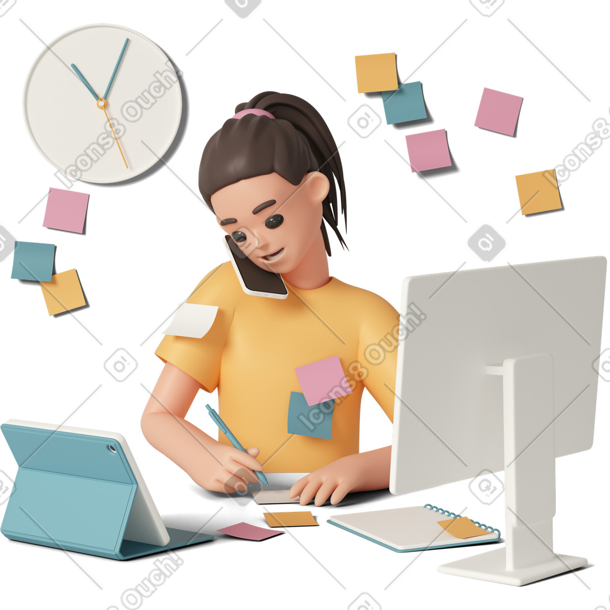 3D Casual life スタイルの Overworked woman talking on phone のイラストをPNG、SVG形式でダウンロード