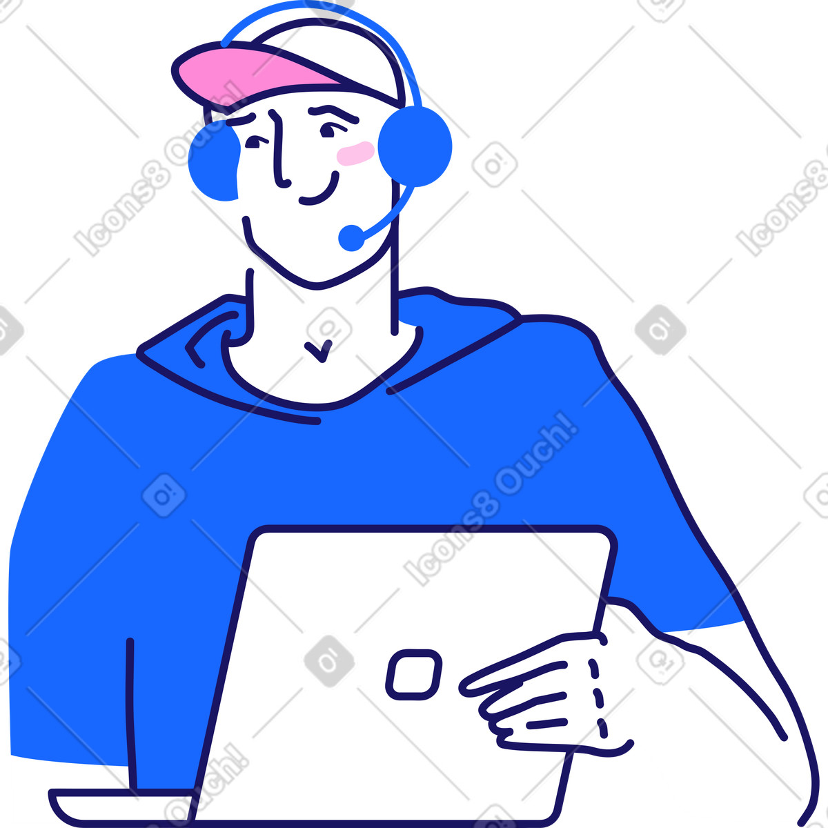 下载 Matey 风格的 戴着帽子和耳机的男人拿着笔记本电脑 插画，支持 PNG、SVG 格式