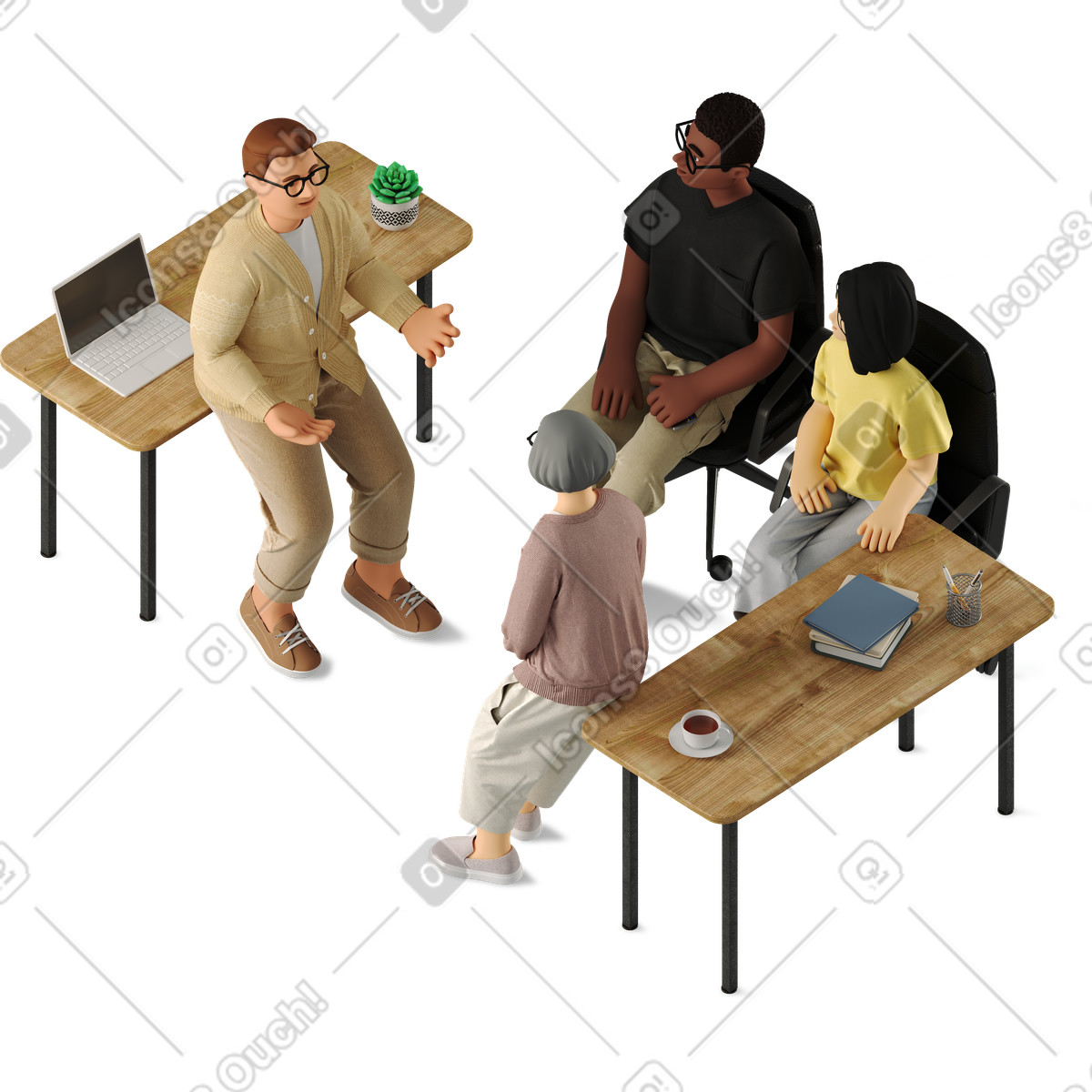 Four colleagues discussing work illustration in PNG, SVG