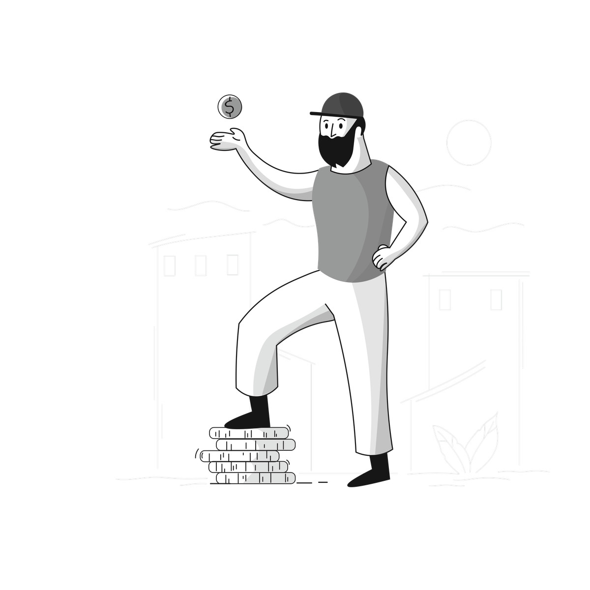 Ilustração de Standing on stack of coins, personal finance and income em no estilo Pixeltrue para baixar em PNG, SVG