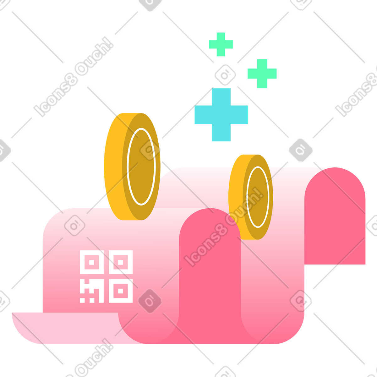 Ilustración Receipt with QR code and coins, Cashback loyalty program concept en estilo Bright a descargar en PNG y SVG