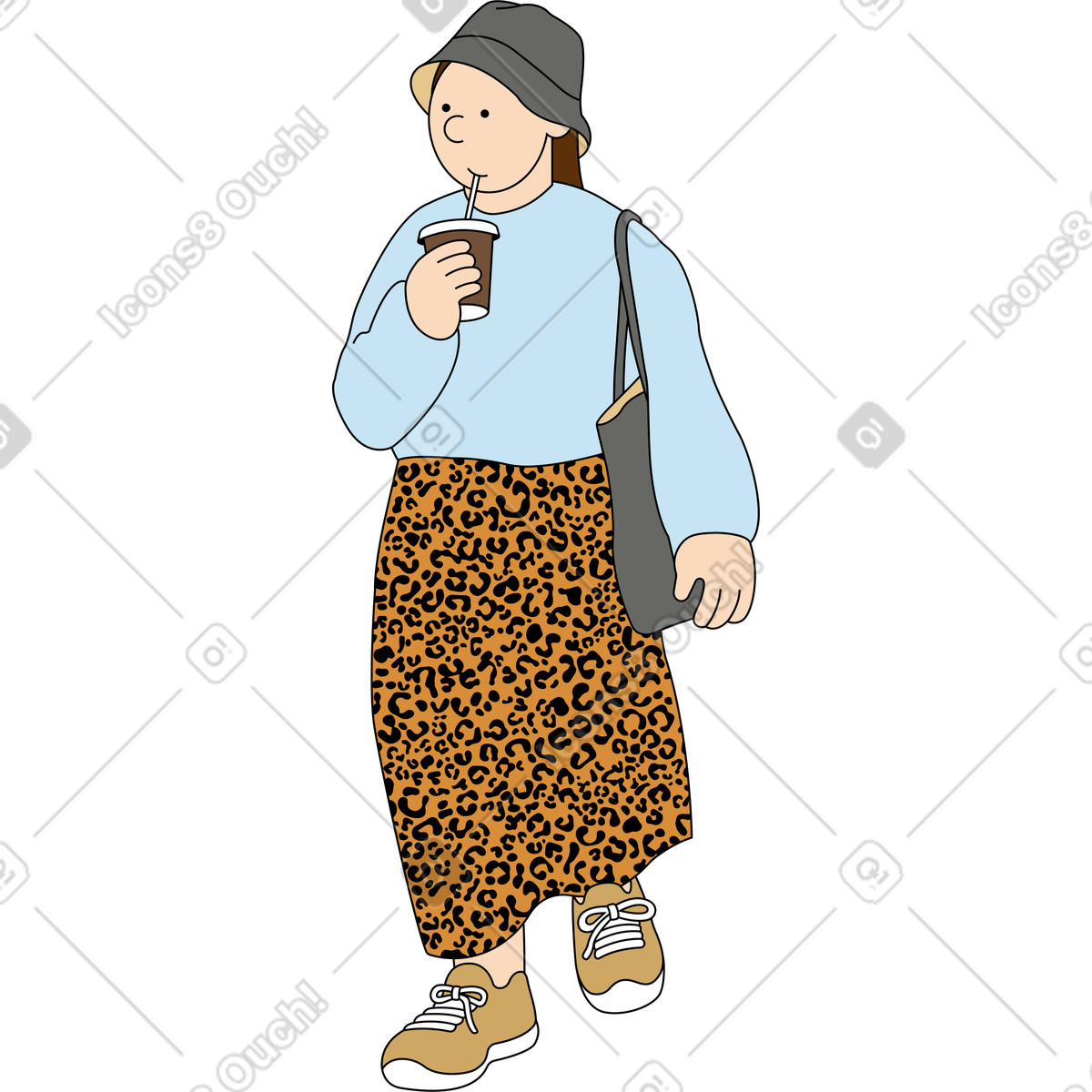 Young woman walking and drinking coffee illustration in Kindy style download in PNG, SVG