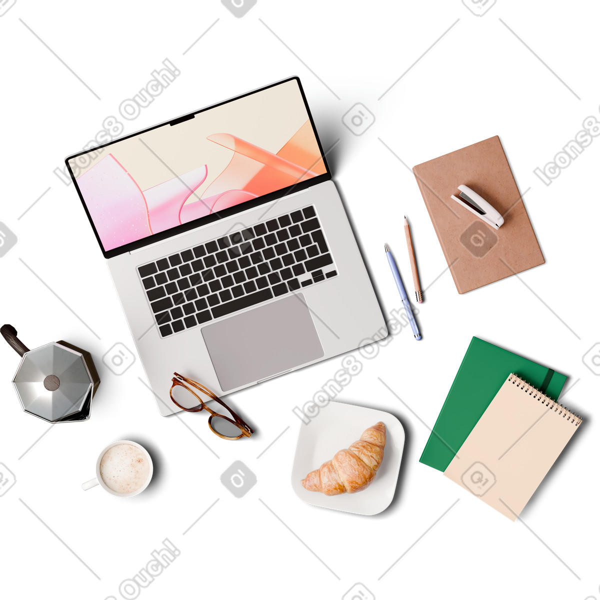 Top view of laptop, moka pot, cup coffee, and croissant illustration in 3D Hygge style download in PNG, SVG