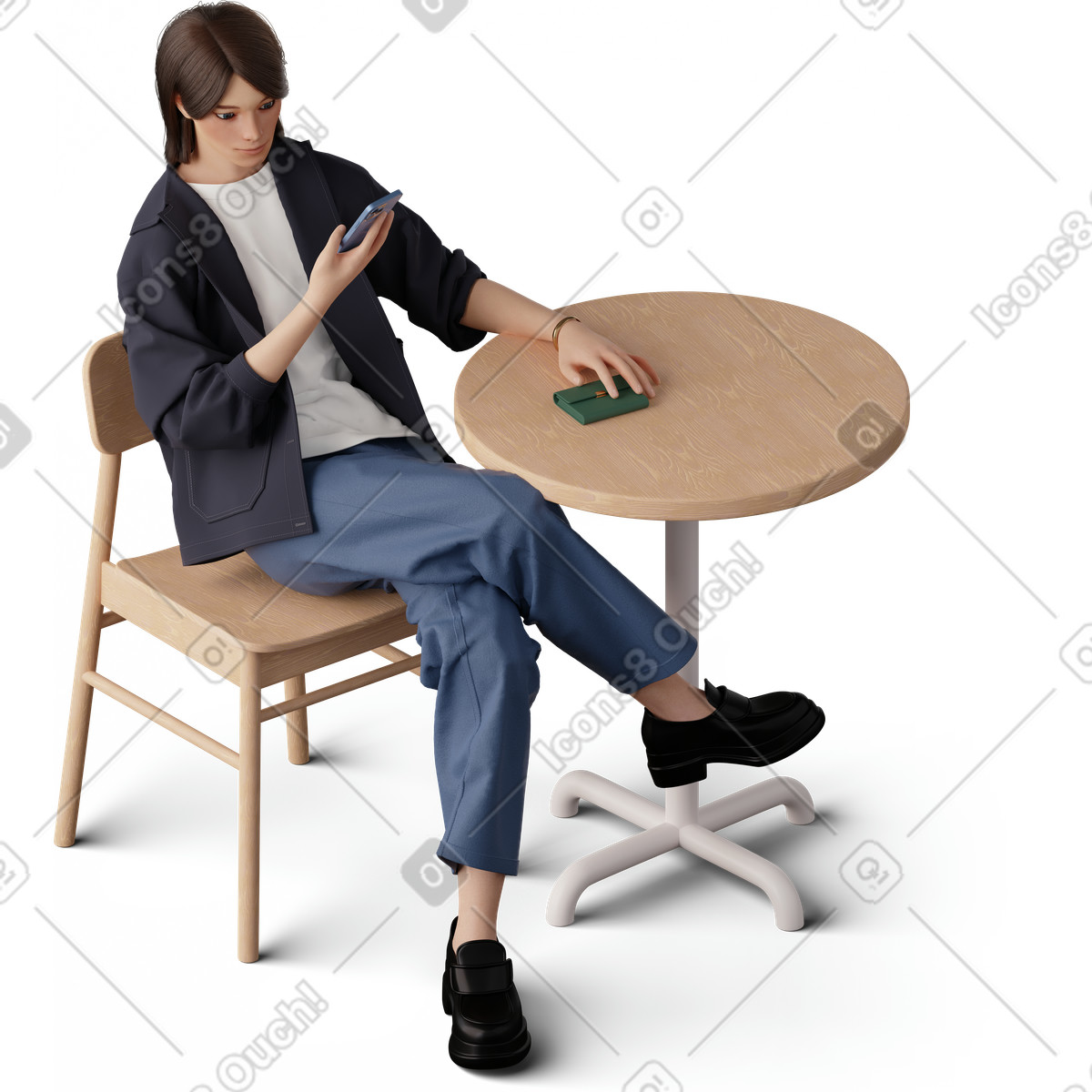 Isometric view of young woman sitting at the coffee table and looking phone illustration in 3D Hygge style download in PNG, SVG