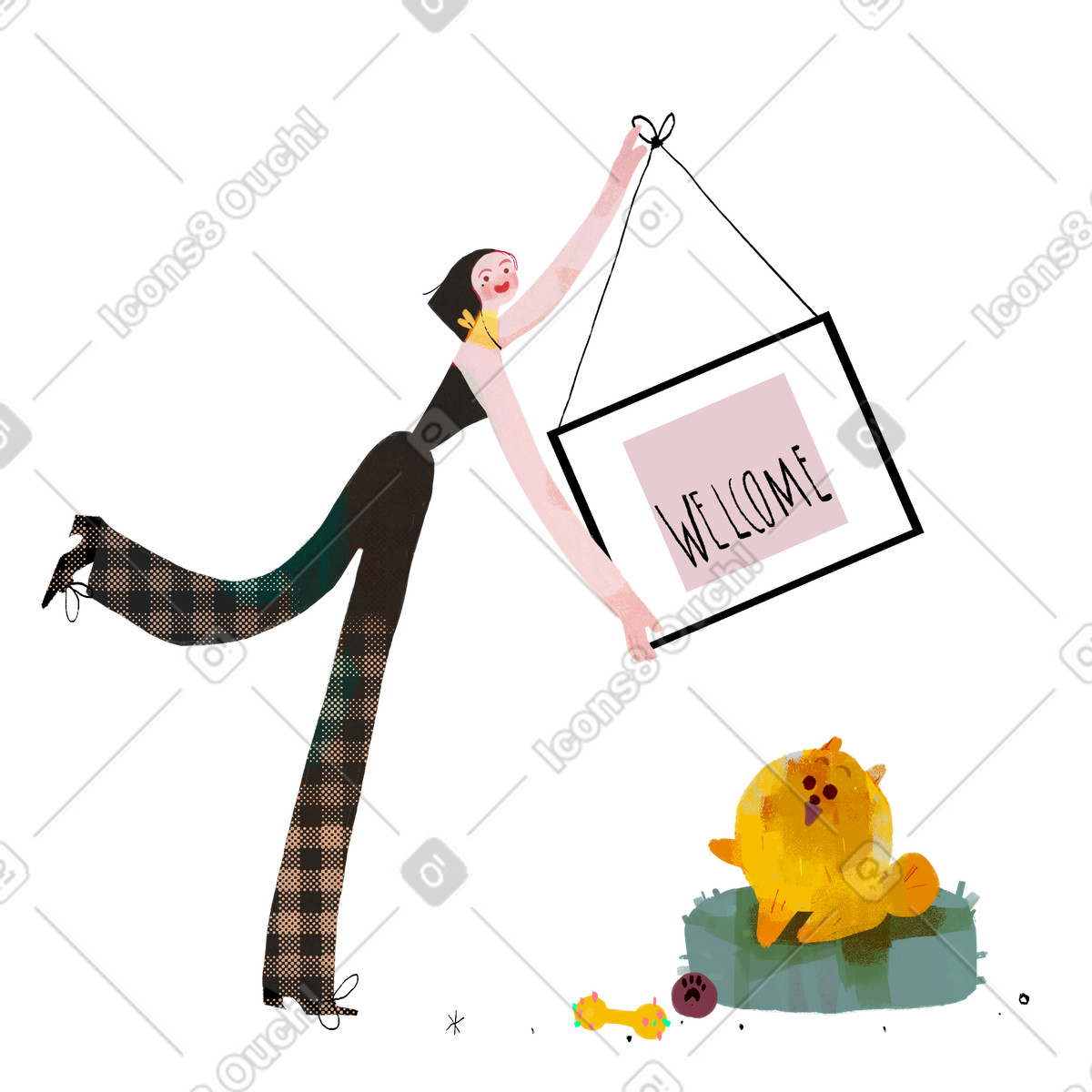 Woman with dog hanging a picture illustration welcome cartoon clipart vector graphics SVG