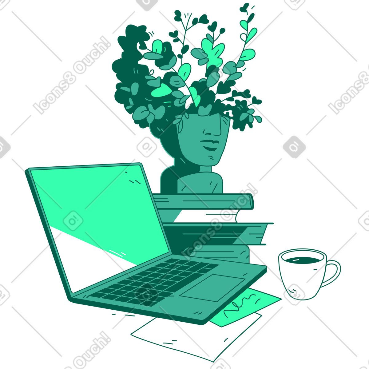 Ilustração de Laptop, café e um plantador principal em no estilo Storyline para baixar em PNG, SVG