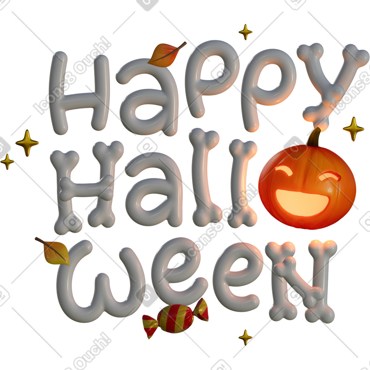 3d-schriftzug „happy halloween“ mit kürbis und süßigkeiten-Illustration im Lettering-Stil als Download in PNG, SVG