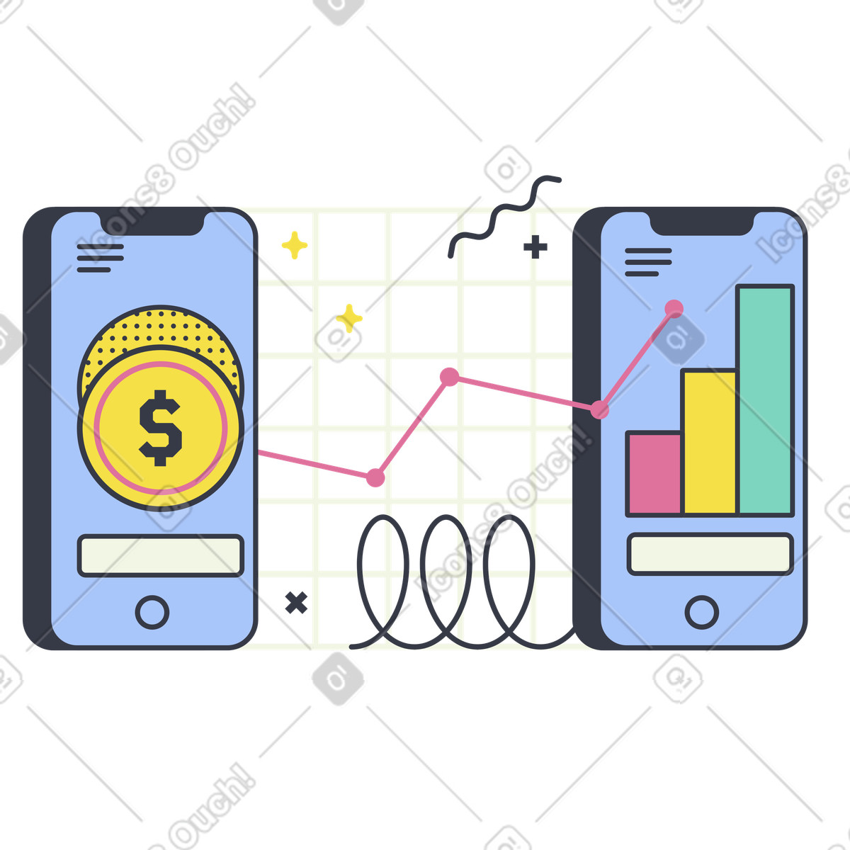 Mobile phones showcasing profitable investments illustration in Abstract style download in PNG, SVG