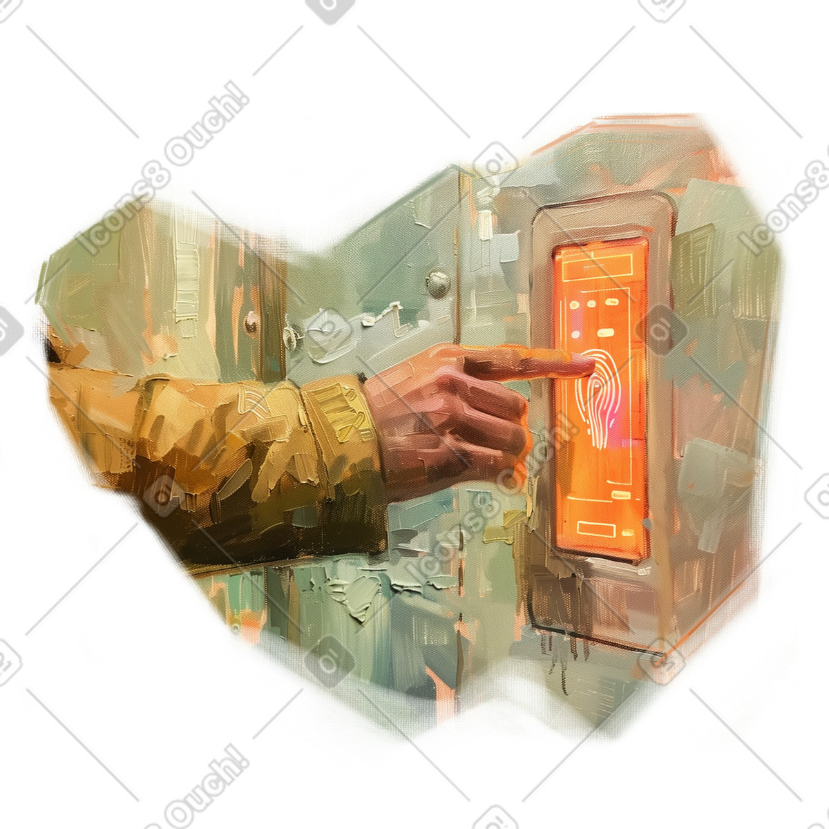 Oil painting of a person using biometric lock system illustration in Pictorial style download in PNG, SVG