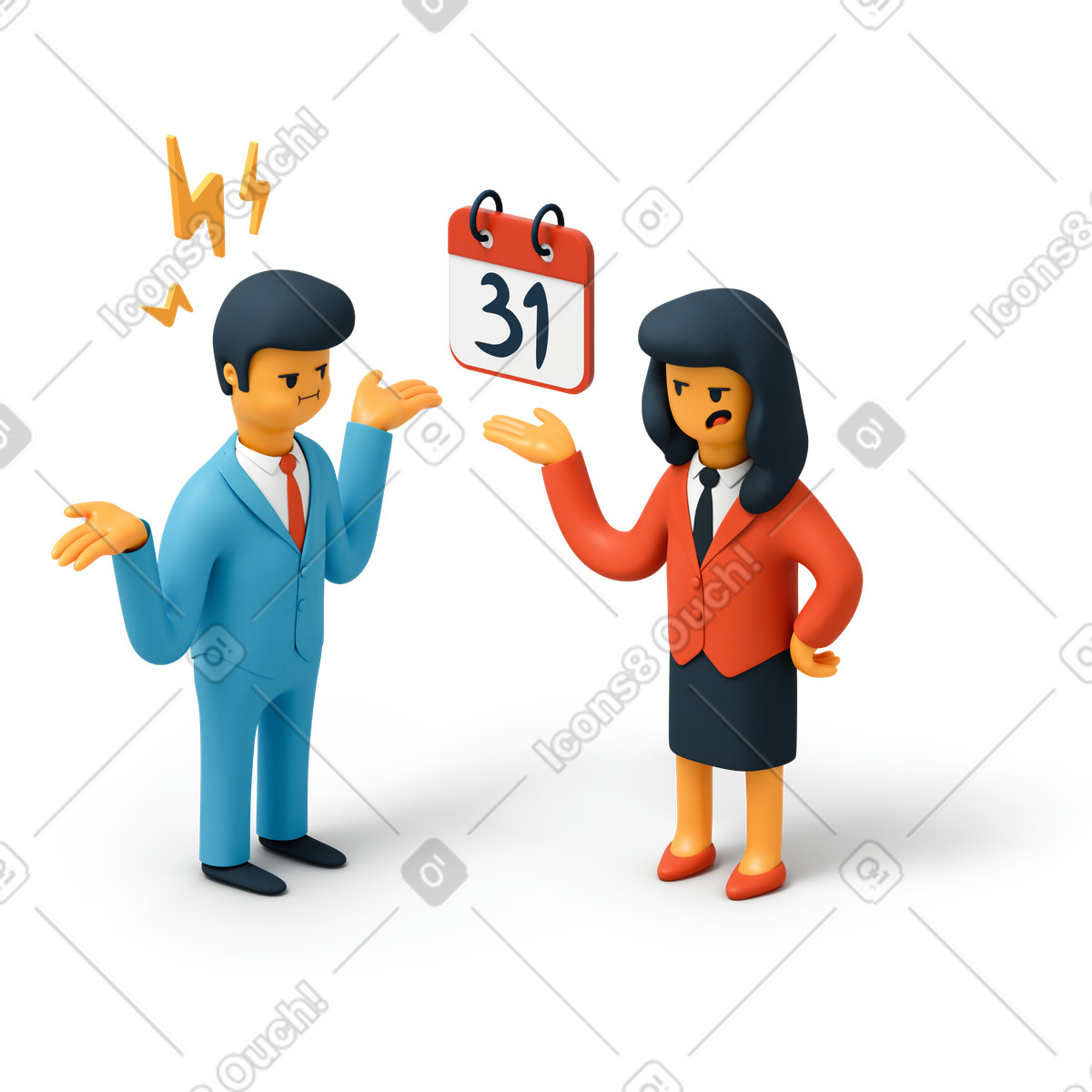 3D Flame 스타일의 마감일에 대해 작업자에게 상기시키는 비즈니스 우먼 일러스트레이션 PNG, SVG 다운로드