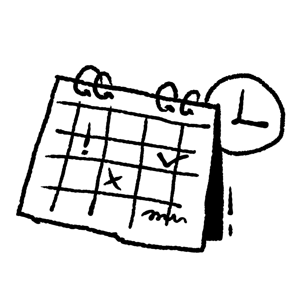 下载 Black Chalk 风格的 Calendar desk planner with clock emphasizing important deadlines and appointments 插画，支持 PNG、SVG 格式