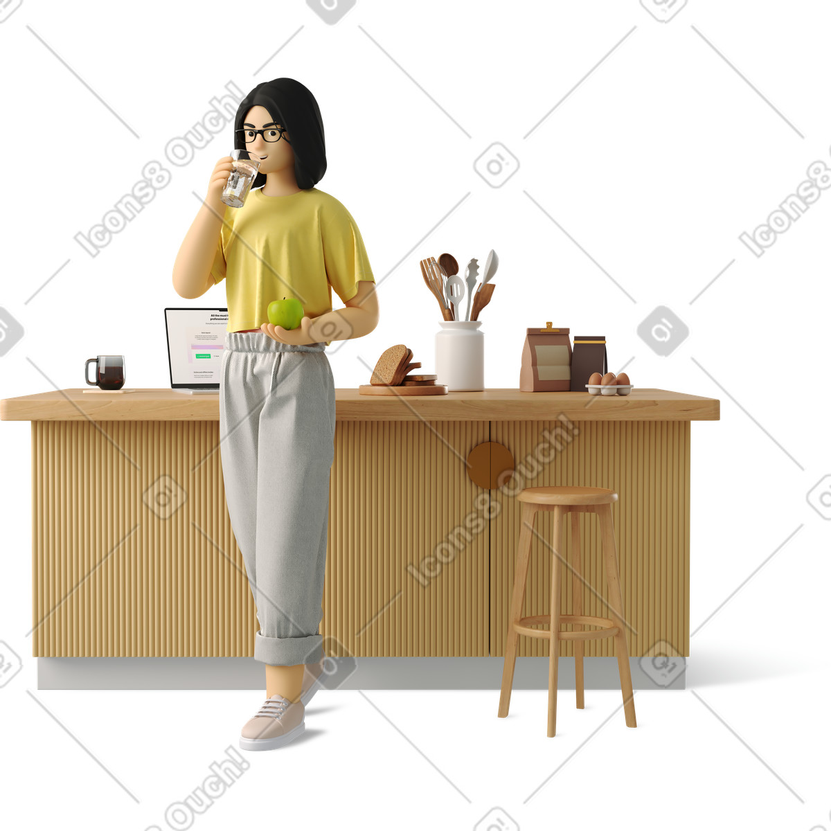 Woman in front of kitchen table illustration 3D Business style download PNG, SVG