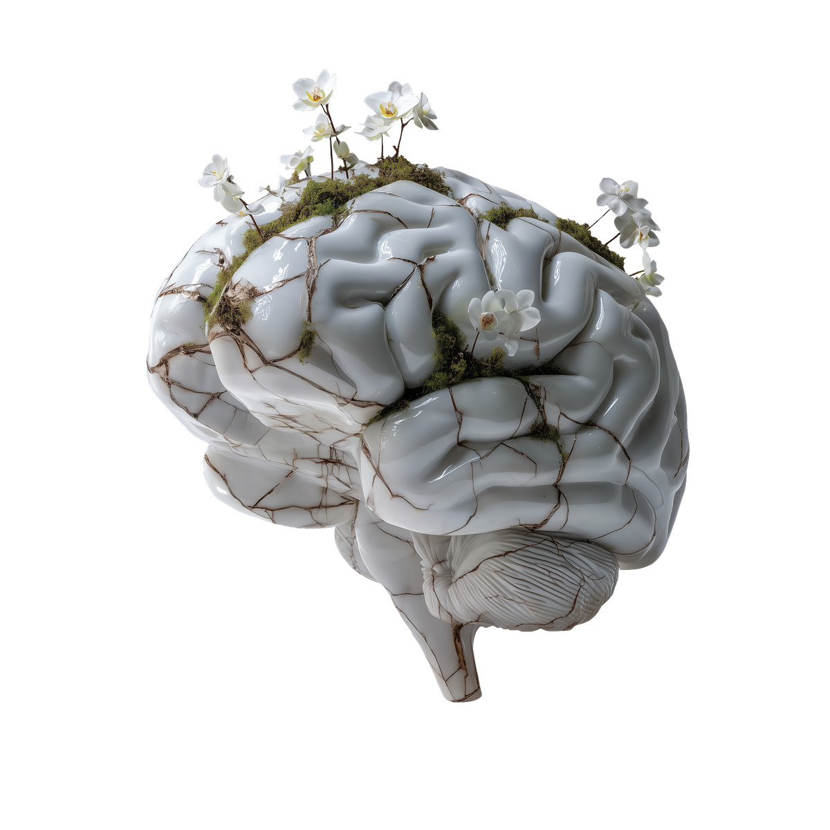 Marble brain with blooming flowers, Creativity and mental growth illustration in Biomorphic style download in PNG, SVG