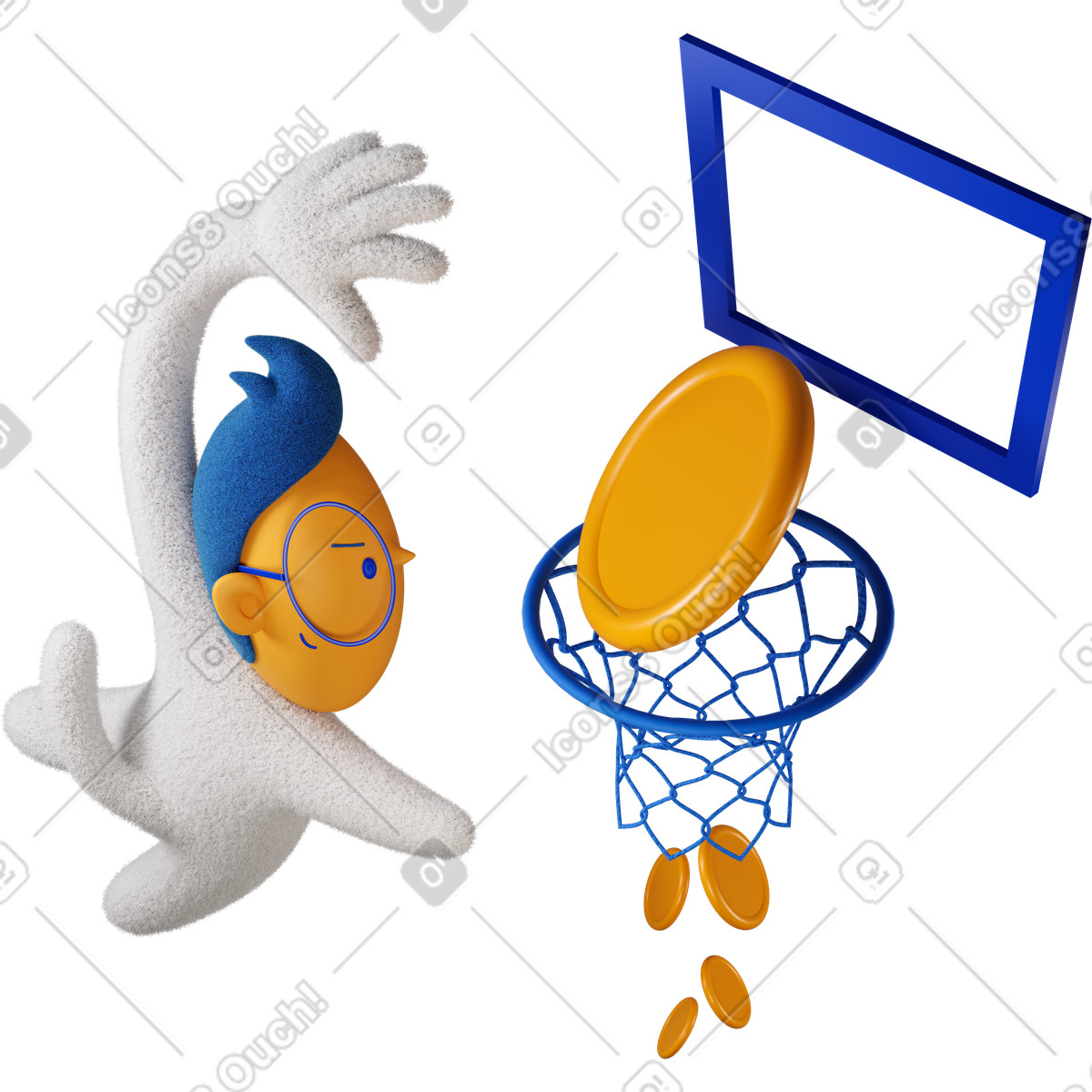 Boy putting money in basketball hoop eagerly turned left illustration 3D Buddy style download PNG, SVG