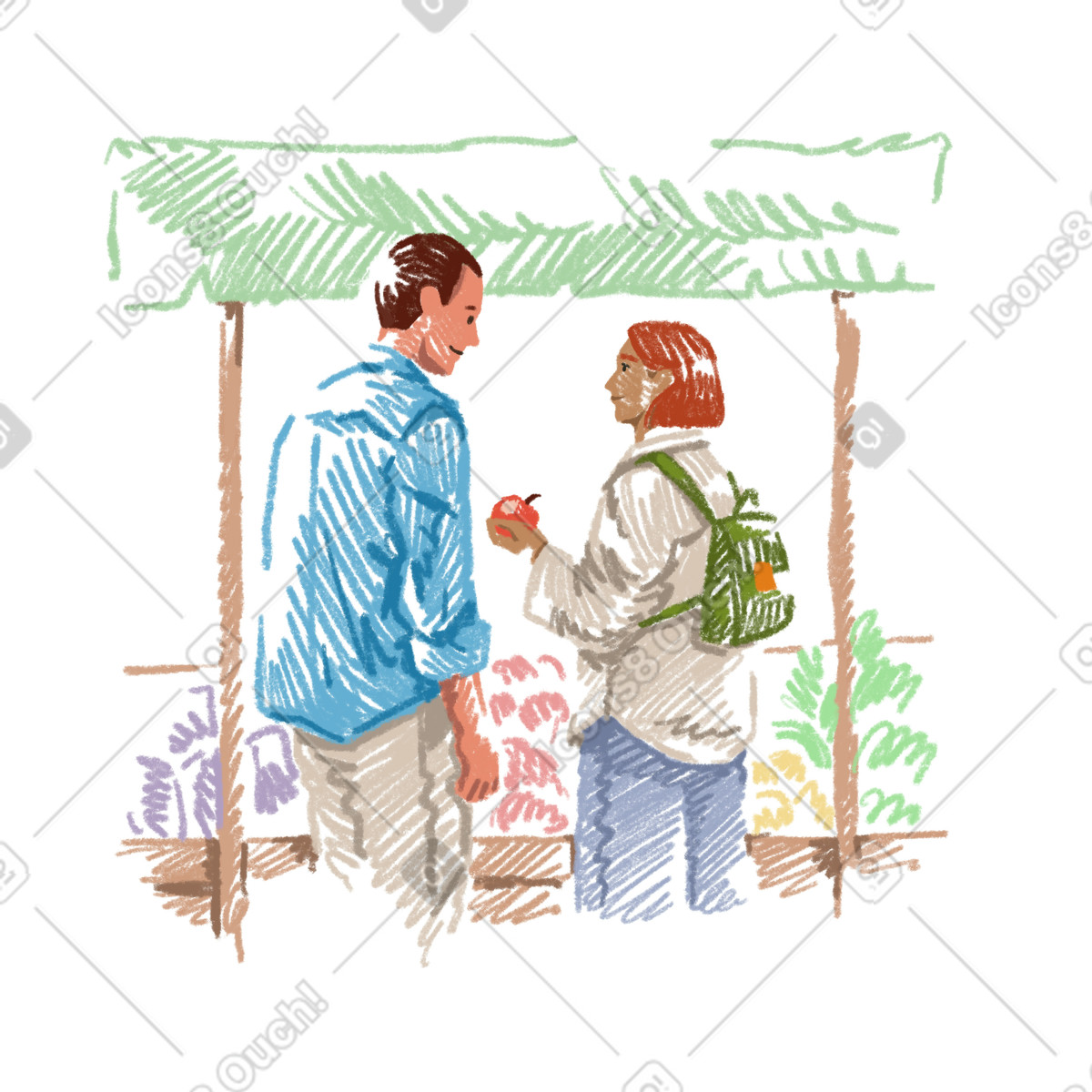 Ilustración Hombre y mujer de compras en el mercado agricultores estilo Sketchbook a descargar PNG SVG