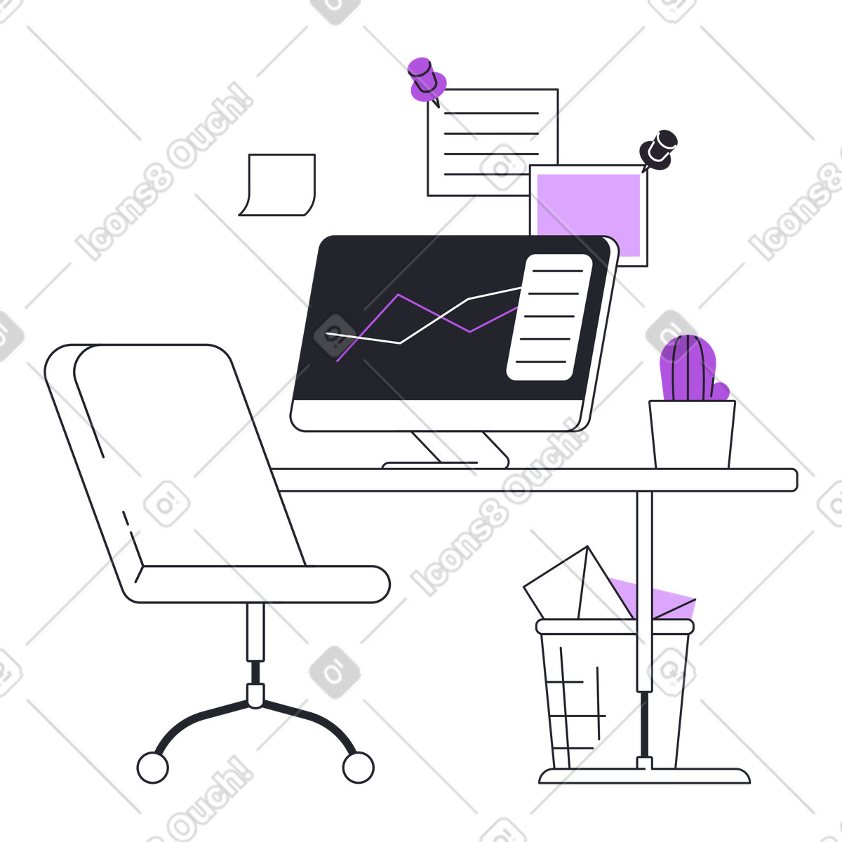 Office workplace with computer and paper bin illustration in Grapy style download in PNG, SVG