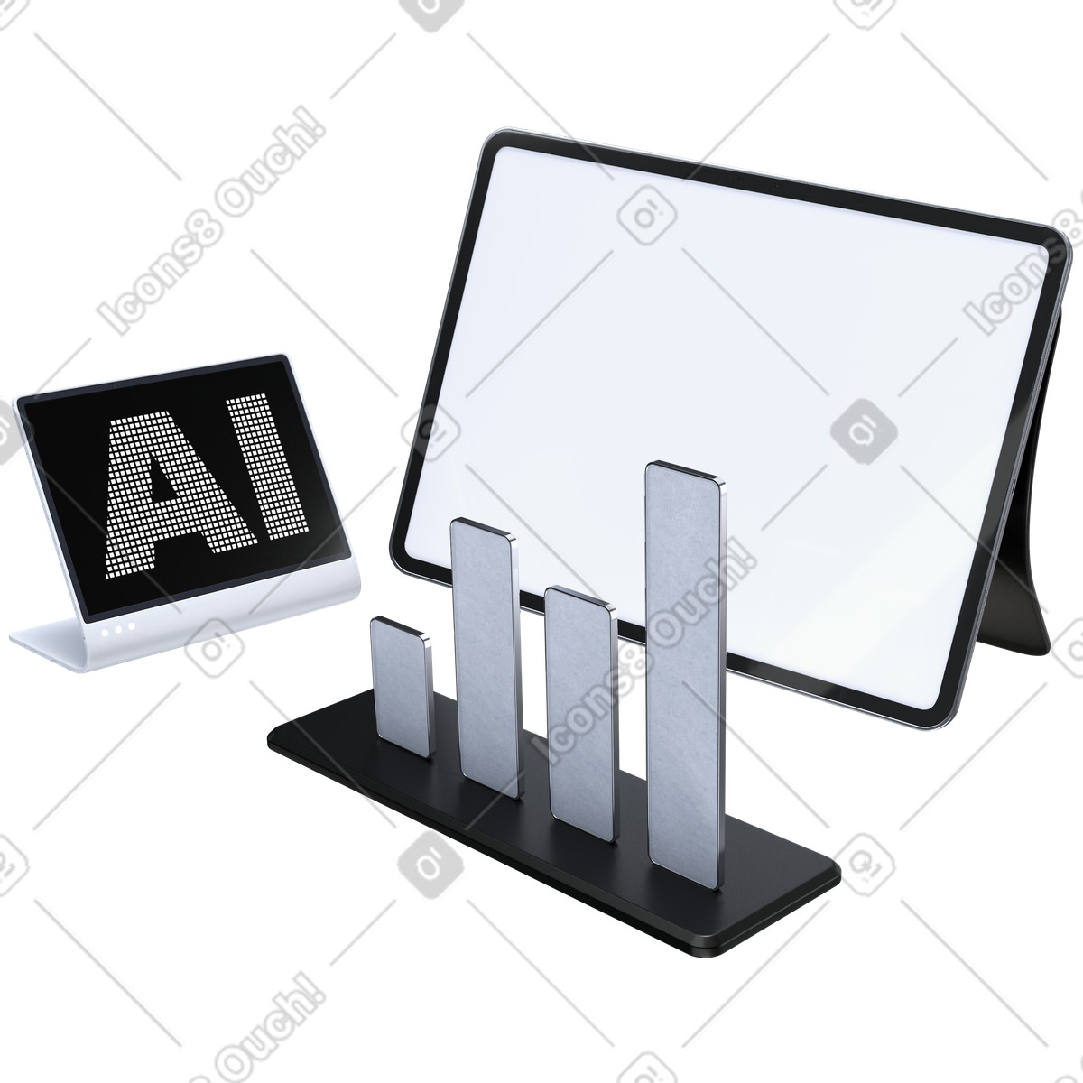 Bar chart model with monitors, AI data analytics and KPI tracking illustration in PNG, SVG