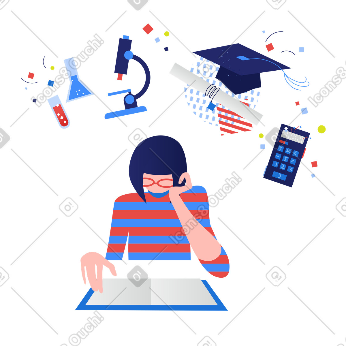 Illustration Femme lisant et explorant des concepts scientifiques dans le style Clip à télécharger aux formats PNG, SVG
