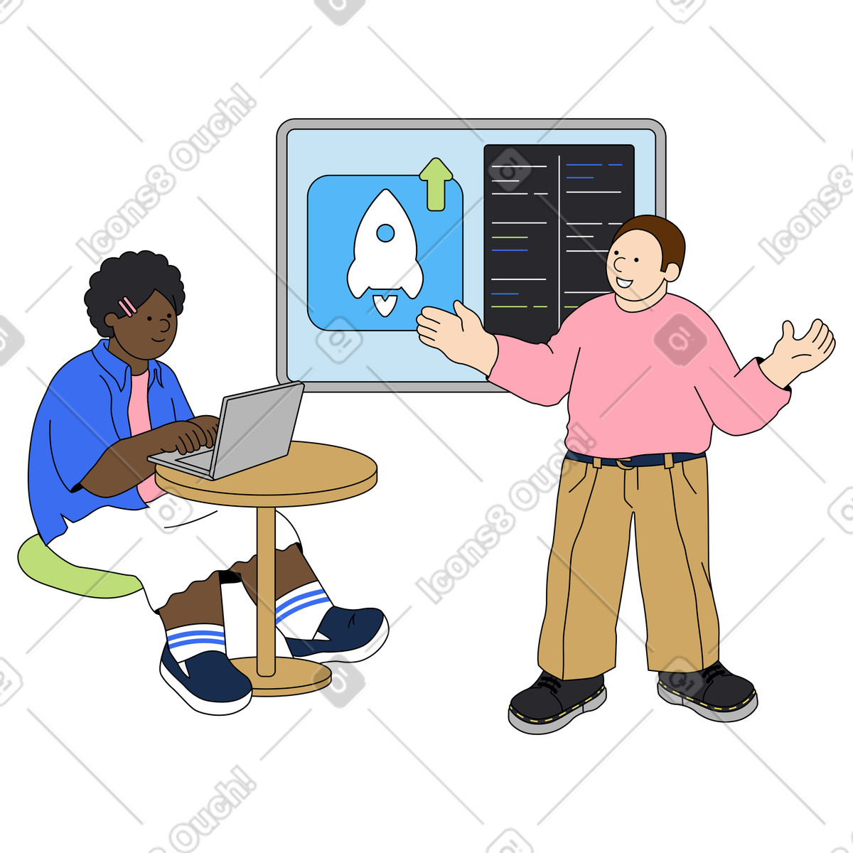 Ilustración Emprendedor presentando nuevo proyecto de startup en estilo Kindy a descargar en PNG y SVG