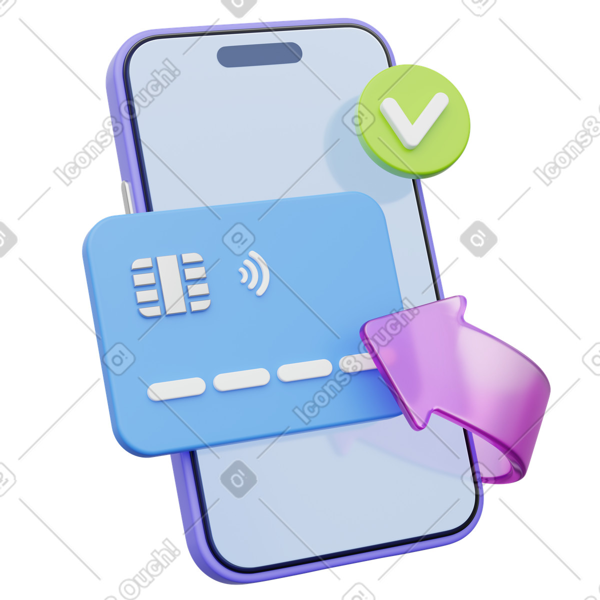 Mobile cashback payment, Smartphone with NFC card and verified checkmark, Reward transaction illustration in 3D Playful style download in PNG, SVG