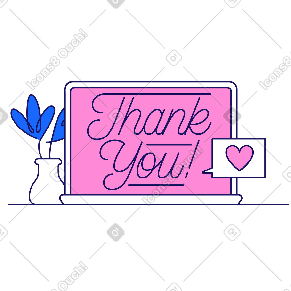 Lettering Thank You! in laptop with flower text illustration Matey style download PNG, SVG