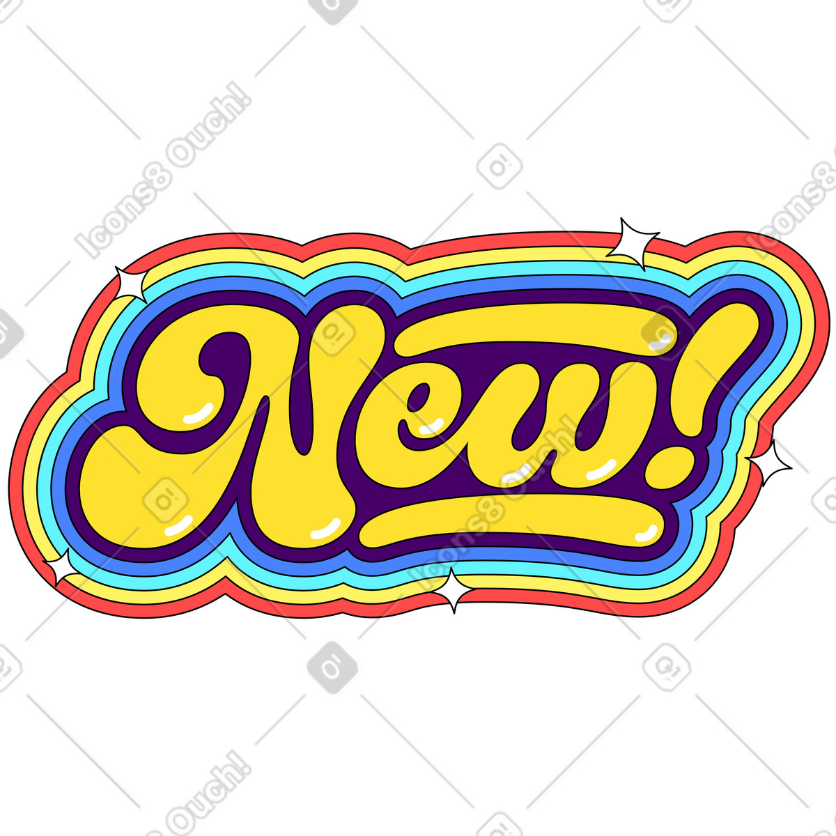 Lettering new! with stars and multicolors strokes text illustration in style download in PNG, SVG