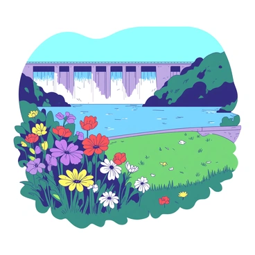 A vibrant array of colorful wildflowers is blooming on the grassy banks near a large dam. The flowers display a mix of shades, including pops of red, yellow, and purple, creating a lively contrast against the lush green grass. In the background, the imposing structure of the dam rises, with water cascading over its edge, sparkling in the sunlight. The scene captures the essence of nature's beauty, with the gentle breeze causing the flowers to sway lightly. Nearby, a clear blue sky stretches overhead, accentuating the colors of the flowers and the dam.