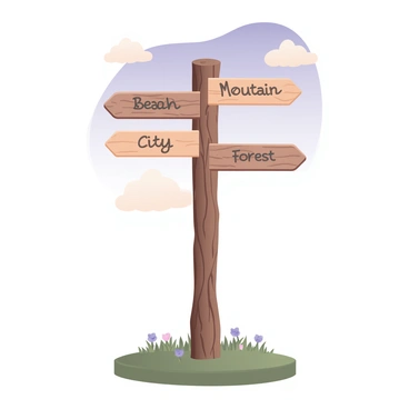 A digital flat illustration of a vintage signpost located at a crossroads. The signpost is made of weathered wood with intricately carved details. There are multiple directional arrows attached to the signpost, each pointing to different destinations, such as "Beach," "Mountain," "City," and "Forest," with each destination written in a distinct, flowing script. The background features a grassy area surrounding the crossroads, with a clear blue sky above. A few fluffy clouds are scattered in the sky, and small wildflowers can be seen in the grass near the base of the signpost.