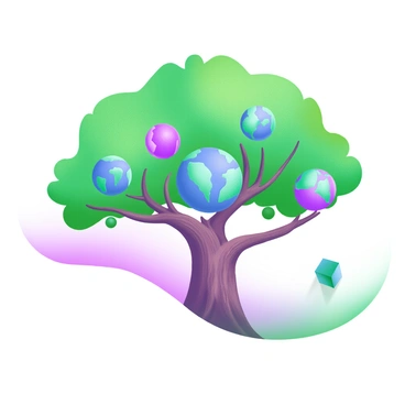 A tree with branches each holding a globe representing diverse continents