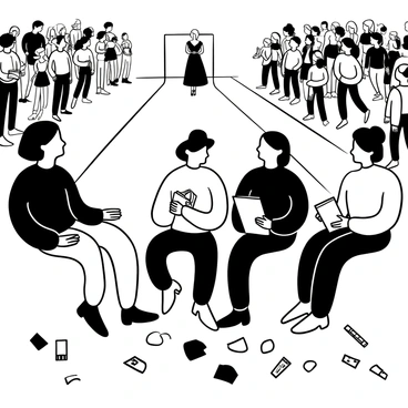 A group of fashion illustration students sitting in a row with sketchbooks in hand, intently observing a live fashion show. Each student has a different style of clothing, reflecting their individual creativity. The runway is visible in front of them, featuring various models showcasing unique outfits. The students are surrounded by scattered fabric swatches and colored pencils on the ground. In the background, a crowd of spectators is visible, all focused on the runway. The scene captures the energy and excitement of the fashion event.