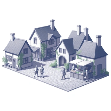 A charming medieval village with stone cottages, cobblestone streets, and a market square.