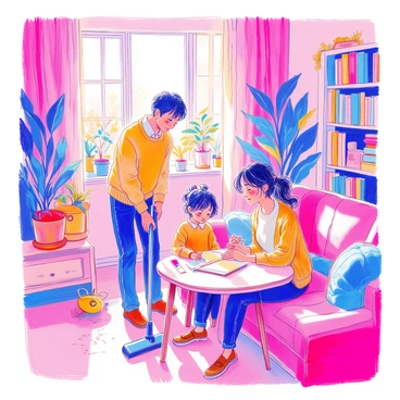 A cozy home scene features a man and a woman engaged in household chores and parenting responsibilities. The man is vacuuming the living room while wearing a comfortable sweater and jeans. He has short hair and a focused expression. The woman is sitting at a table nearby, helping a young child with homework. She is wearing a cozy cardigan and has her hair tied back. The child, with curly hair, is looking up at her with curiosity. In the background, a well-organized bookshelf and a houseplant add warmth to the room. A sunny window lets in soft light, creating a welcoming atmosphere.
