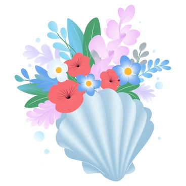 A large conch shell is positioned prominently, serving as a vase. The shell displays intricate patterns with a smooth, glossy surface. It is overflowing with a variety of colorful tropical flowers, including bright hibiscus, lush bird of paradise, and delicate orchids. The flowers are arranged in a dynamic composition, with their vibrant petals contrasting against the shell's natural hues. Some leaves and greens peek out from amongst the flowers, adding to the lushness of the arrangement.