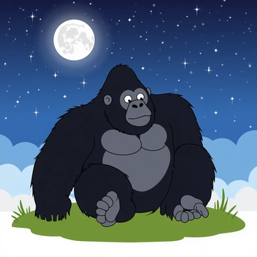 A large gorilla with dark fur is seated on a grassy patch, its muscular build emphasizing its strength. The gorilla's eyes are wide and curious, reflecting the soft glow of the full moon above. The starlit sky is filled with twinkling stars, creating a vibrant backdrop. The moon, positioned high in the sky, bathes the scene in a gentle, silvery light, highlighting the contours of the gorilla's body. The surrounding grass sways slightly in a light breeze, adding life to the tranquil setting.