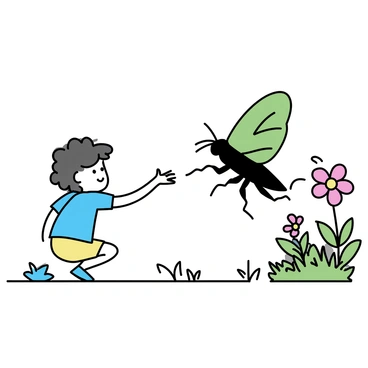 A child with curly hair, wearing a blue shirt and yellow shorts, crouches in a lush green garden. The child extends a small hand forward, gently reaching out to a massive insect with vibrant green wings and detailed body texture. The insect is perched on a bright flower, its antennae twitching curiously as it interacts with the child. Sunlight filters through the leaves, casting soft shadows on the ground, creating an inviting atmosphere for this moment of connection.
