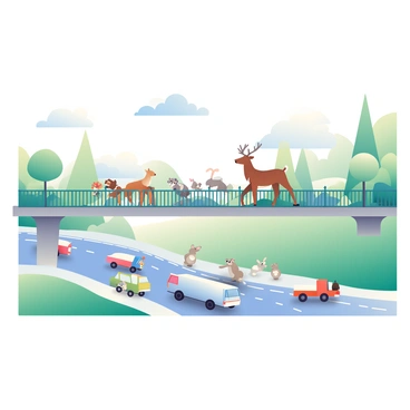 A wildlife bridge spans over a busy highway, built to facilitate safe animal crossings. The bridge is adorned with natural vegetation, including trees and shrubs, that blend seamlessly into the surrounding landscape. Various animals, such as a deer, a group of rabbits, and a family of raccoons, are seen crossing the bridge. Below, the busy highway is filled with cars and trucks, illustrating the contrast between human and wildlife paths. The sky is clear with a few fluffy clouds, creating a bright and inviting atmosphere.